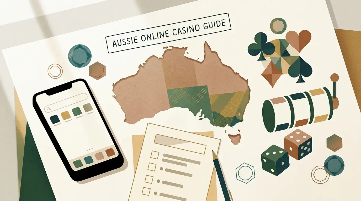 Editorial illustration of an Australian casino research checklist with mobile, currency and game category symbols