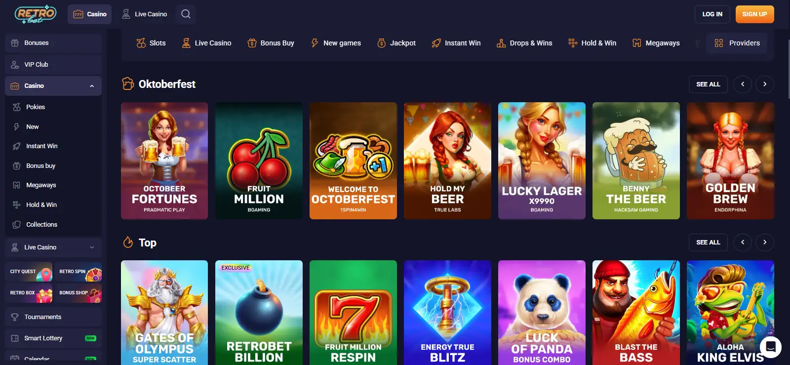 View of the RetroBet English-AU homepage showing Australian localisation and casino navigation