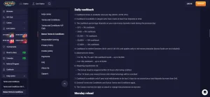 View of RetroBet Australian bonus terms showing the Daily Cashback section and its current conditions