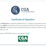 View of the Curaçao Gaming Authority certificate for retrobet.com showing Stable Tech N.V. and active licence OGL/2024/161/0191
