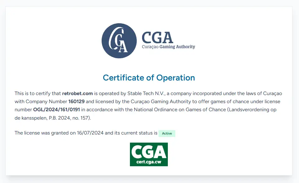 View of the Curaçao Gaming Authority certificate for retrobet.com showing Stable Tech N.V. and active licence OGL/2024/161/0191