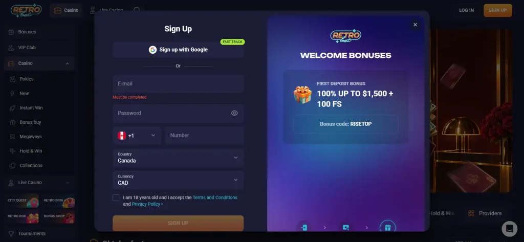 View of the current RetroBet Australian registration modal showing the signup fields