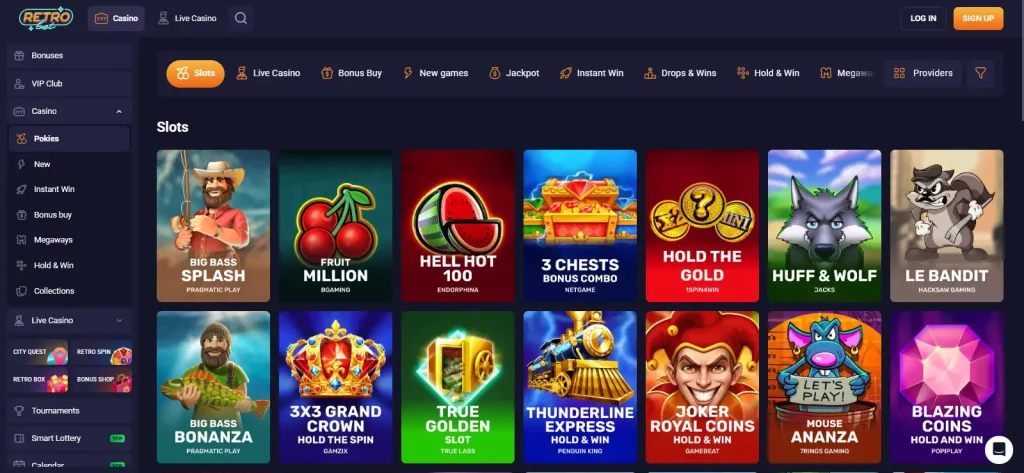 View of the RetroBet Australian pokies lobby with category filters and current game tiles