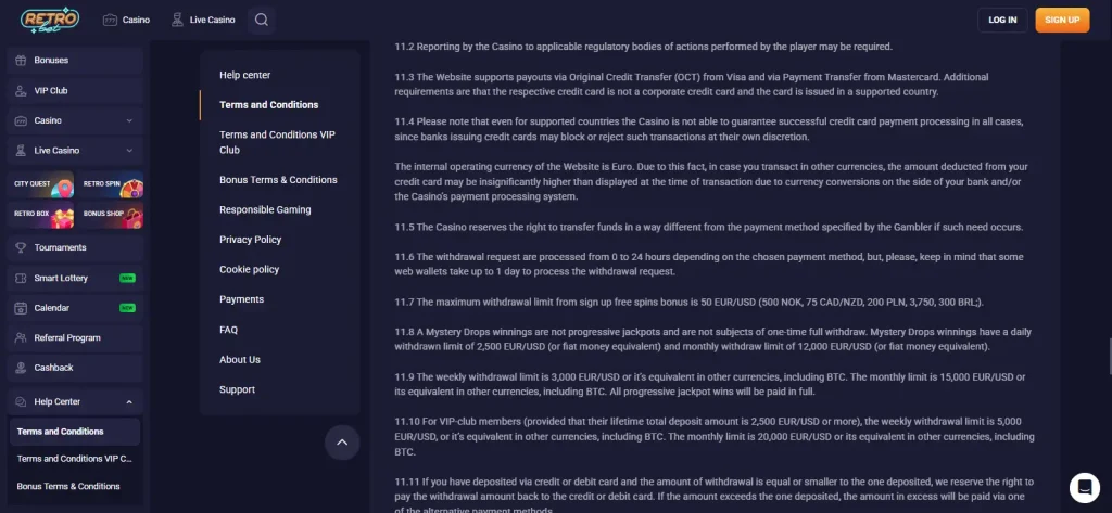 View of the RetroBet Australian terms showing withdrawal policy clauses