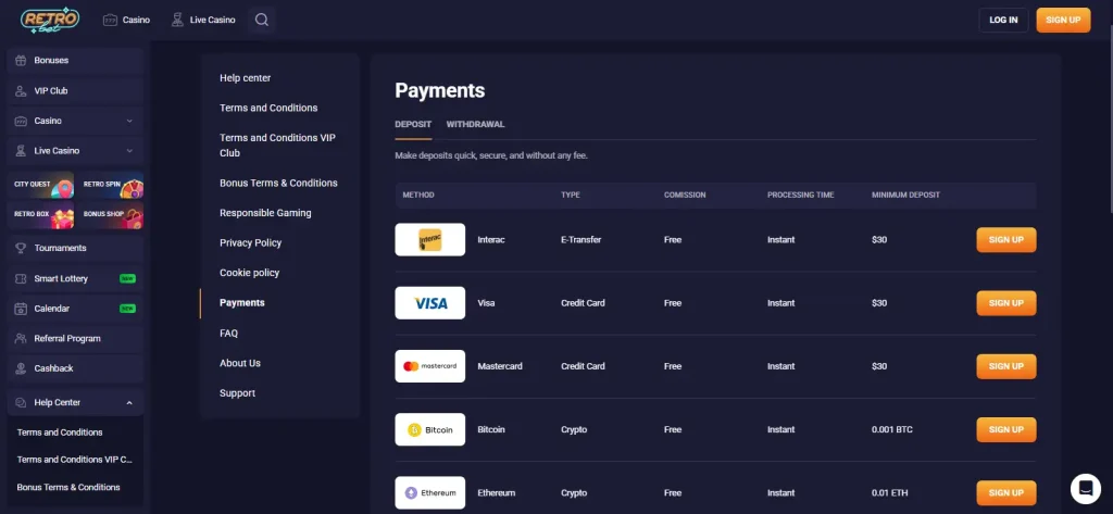 View of the RetroBet public payments table showing deposit and withdrawal method categories